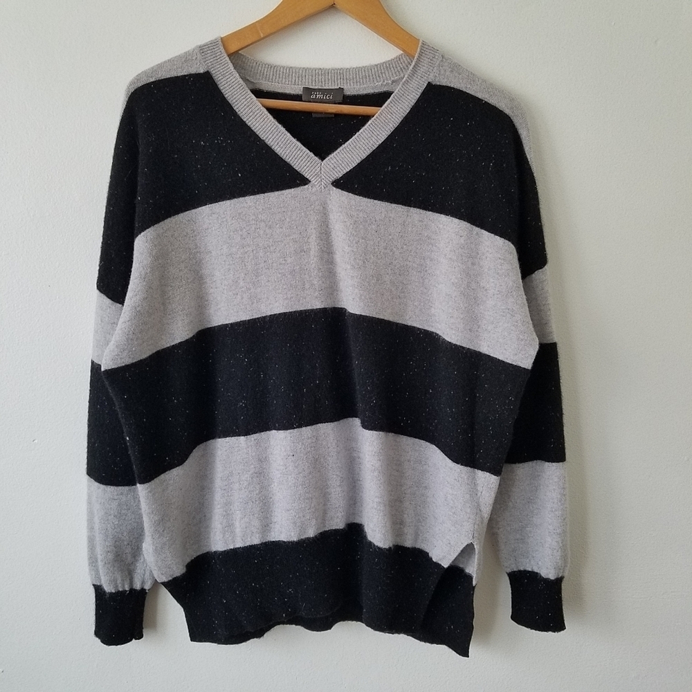 Pure Amici 100% Cashmere Speckle Horizontal Striped V-Neck Pull-over Sweater